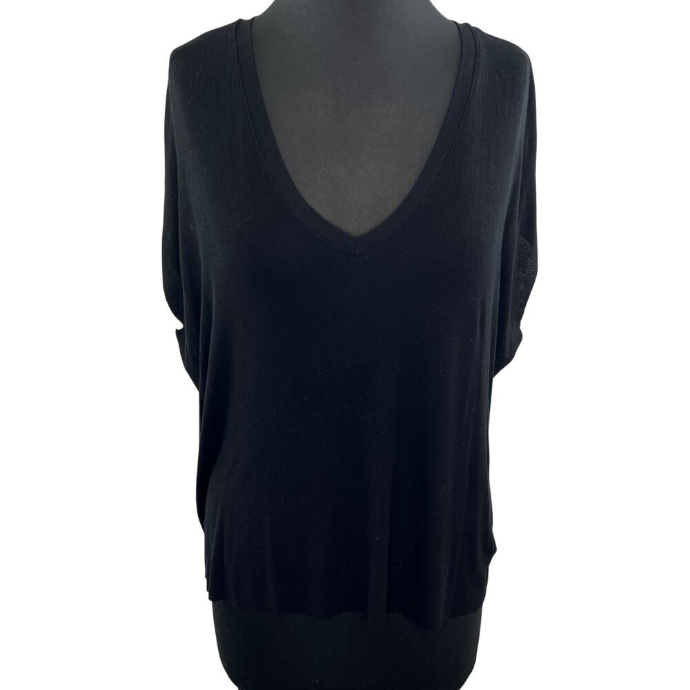 Feel The Piece Black Stretch Ribbed-Knit V-Neck One Size Dolman Sleeve Top OS